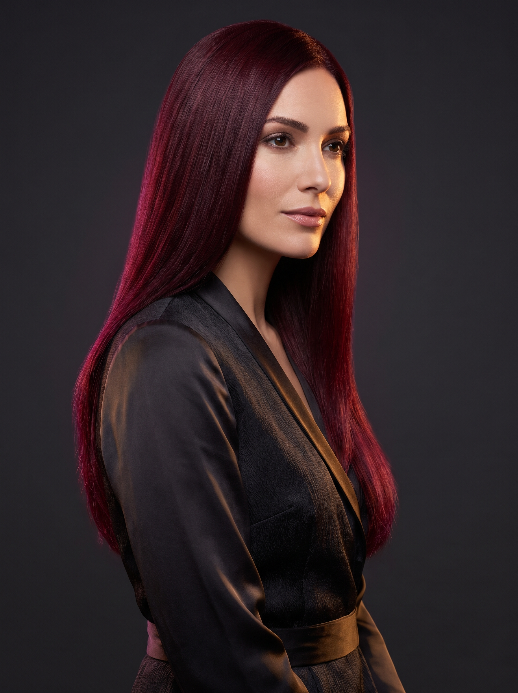 Rosso borgogna intenso su capelli lisci